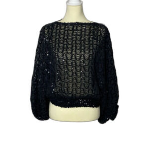 Vintage St. Martin Black Sequin Bat Wing Bubble Sleeve Blouse Women's Size Small